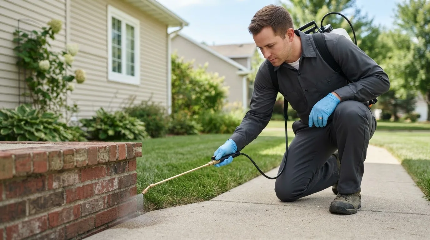 Pest control technician treating a home near Burkeville, VA