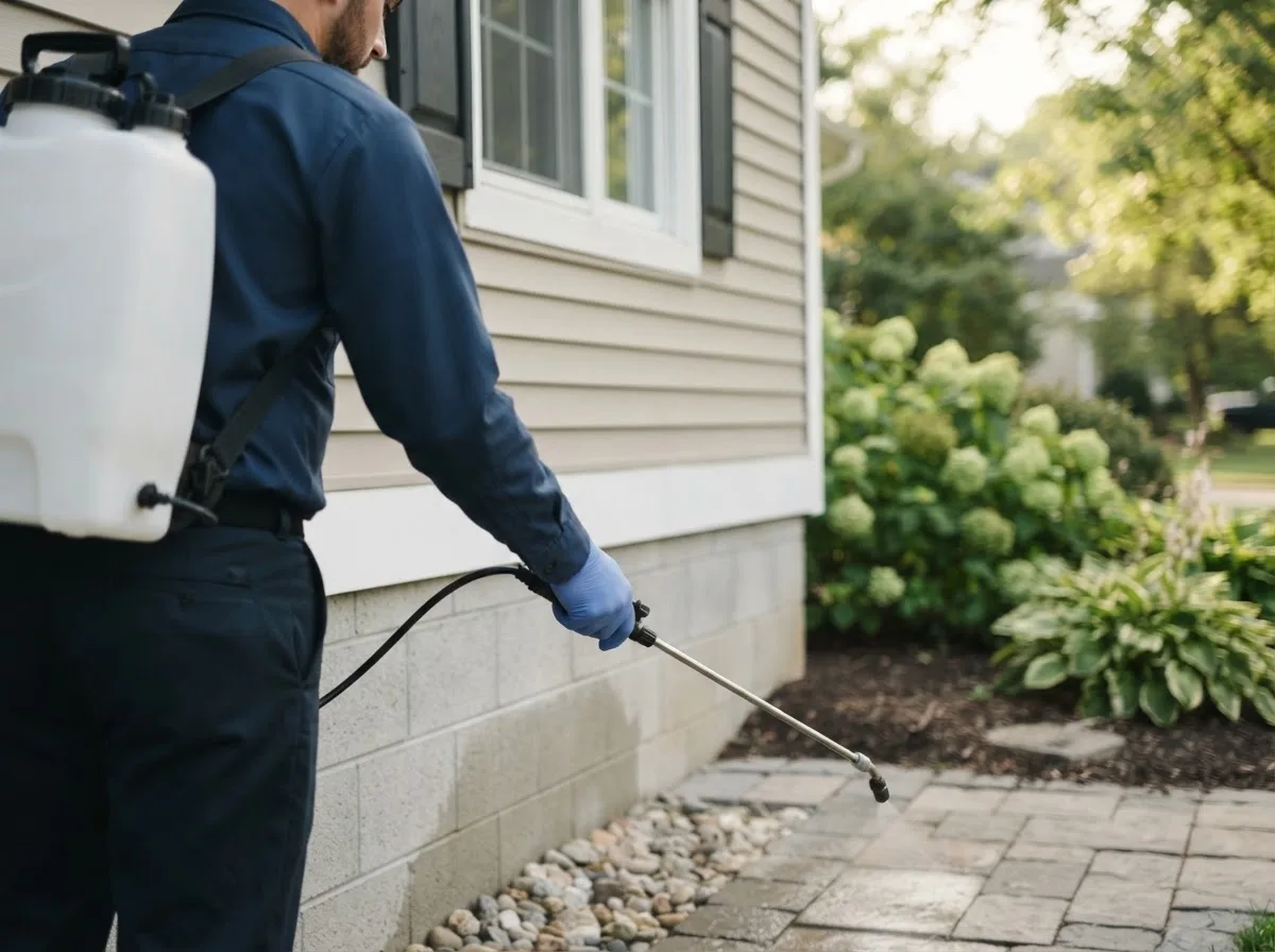 Pest control technician inspecting a home in Burkeville, VA